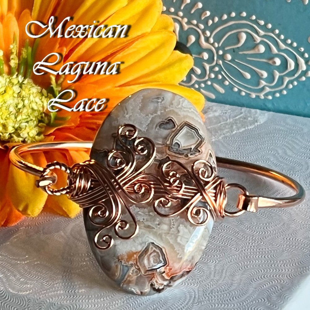 Mexican Laguna Lace Bangle Bracelet Cuff Handmade Gemstone Copper Wire Wrap New!